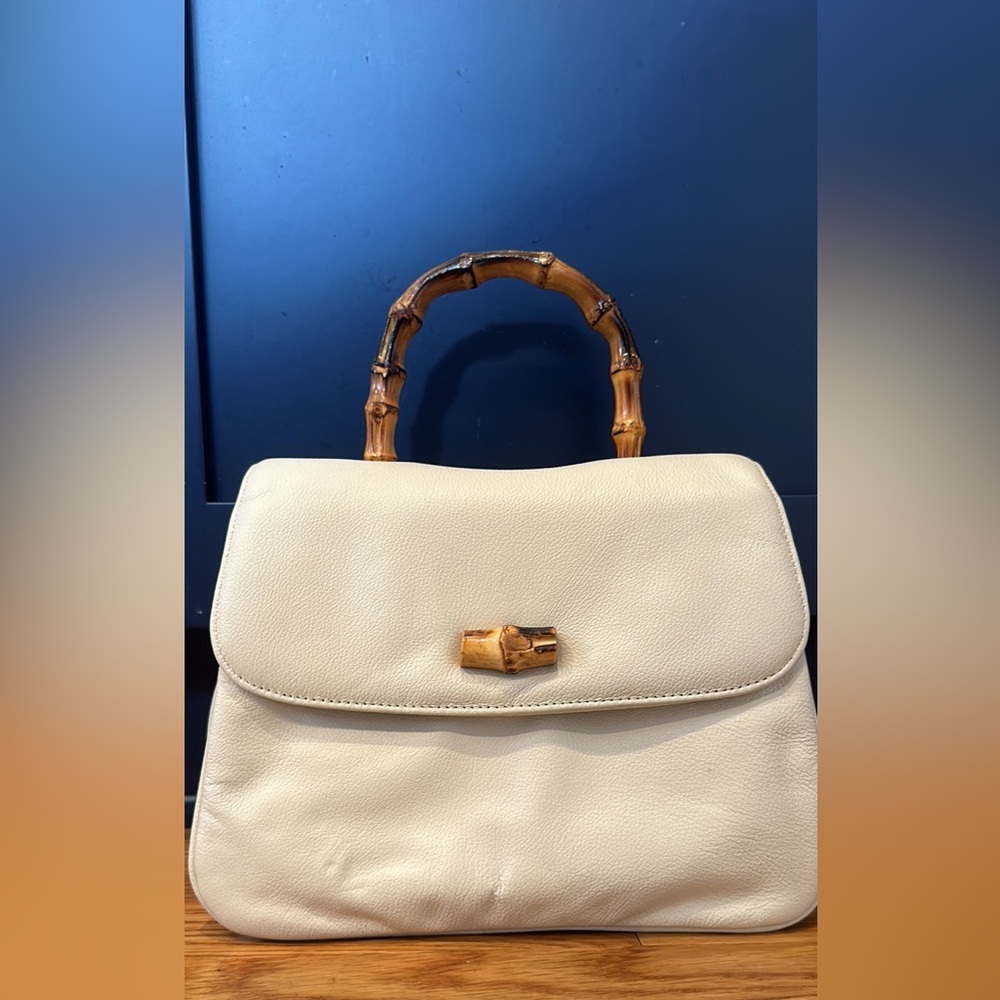Vintage beige bamboo top handle purse